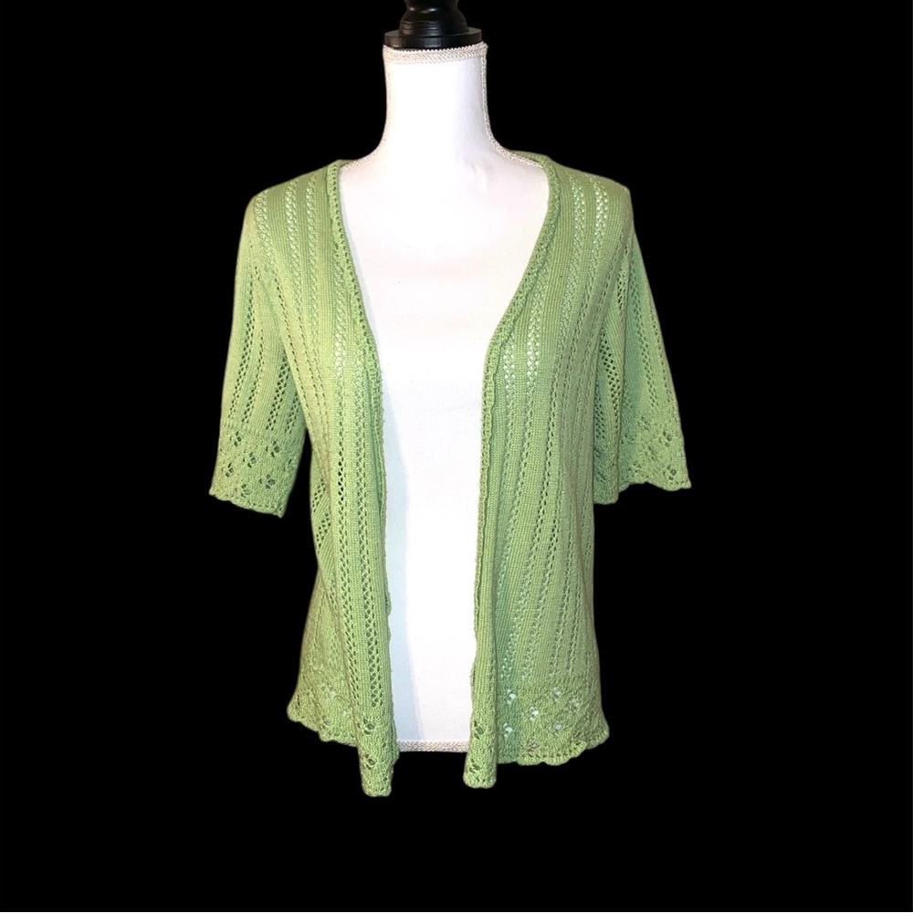Vintage Christopher & Banks Green Crochet Sweater Cardigan USA Made Medium
